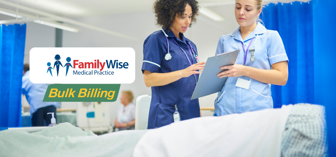 Bulk Billing Medical Practice at FamilyWise Medical Practice, with healthcare professionals reviewing patient records in a modern clinical setting.