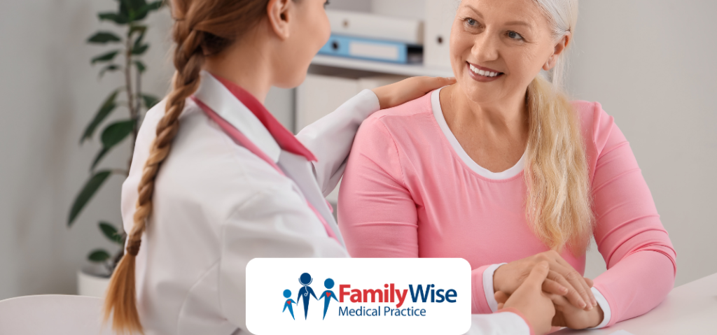 Menopause Doctors Bella Vista providing compassionate menopause care as a GP consults with a female patient at FamilyWise Medical Practice.