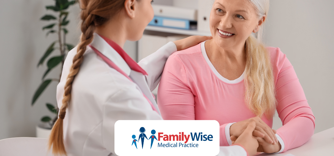 Menopause Doctors Bella Vista providing compassionate menopause care as a GP consults with a female patient at FamilyWise Medical Practice.