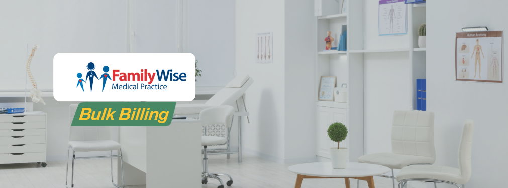 feature image titled "Bulk Billing GP near Kellyville" with a semi-transparent background image of the Familywise office space with a familwise and bulk billing logo in the middle of the page