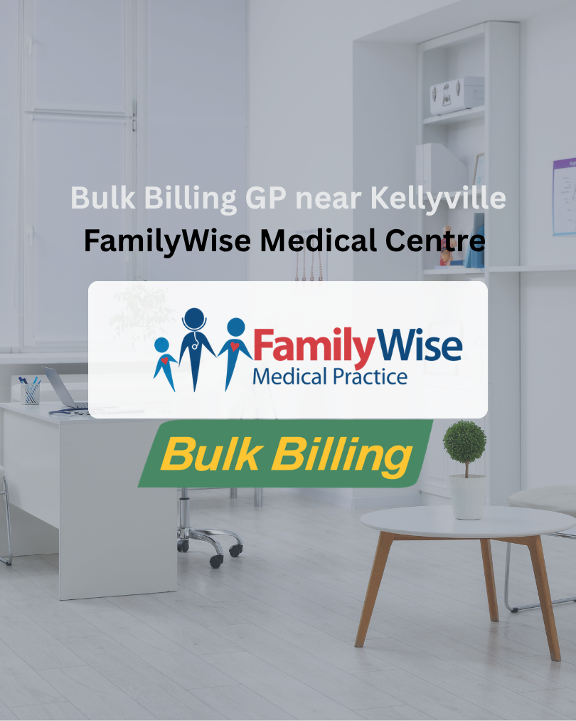 Verticle feature image titled "Bulk Billing GP near Kellyville" with a semi-transparent background image of the Familywise office space with a familwise and bulk billing logo in the middle of the page