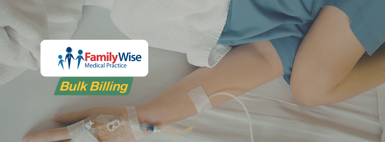 Verticle feature image titled: Iron Infusion Clinic Bella Vista with the FamilyWise Medical Centre logo front and centre of the screen, with a semi-transparent background image of iron infusion patient.