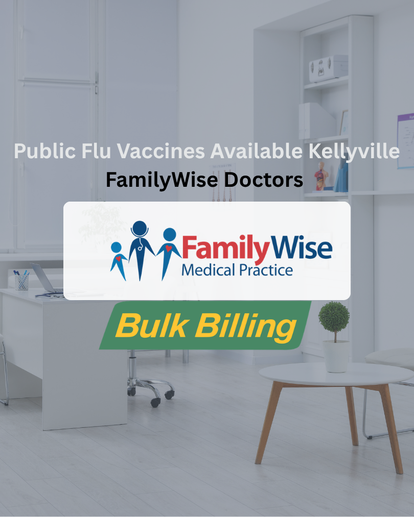 Verticle feature image titled "Public Flu Vaccines Available Kellyville" with a semi-transparent background image of the Familywise Doctor providing vaccination services with a familwise and bulk billing logo in the middle of the page