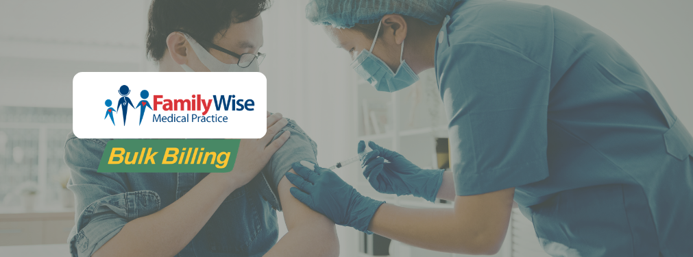 feature image titled "Public Flu Vaccines Available Kellyville" with a semi-transparent background image of the Familywise Doctor providing vaccination services with a familwise and bulk billing logo on the left hand middle side of the graphic.