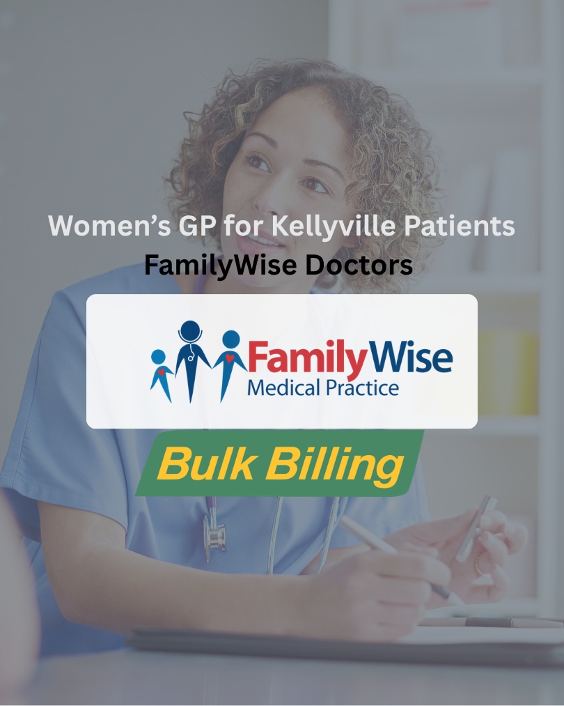 Verticle feature image titled "Women's GP Kellyville" with a semi-transparent background image of the Familywise Female doctor in kellyville assisting patient with a familwise and bulk billing logo in the middle of the page