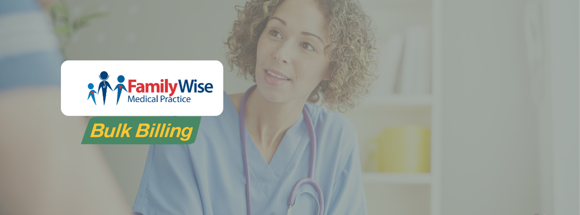 feature image titled "Women's GP Kellyville" with a semi-transparent background image of the Familywise female Doctor sat in front of a patient, with a familwise and bulk billing logo on the left hand middle side of the graphic.